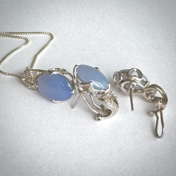 Vintage Natural Blue CHALCEDONY Sterling Silver 925 HEART Earrings Necklace SET - Picture 4 of 12